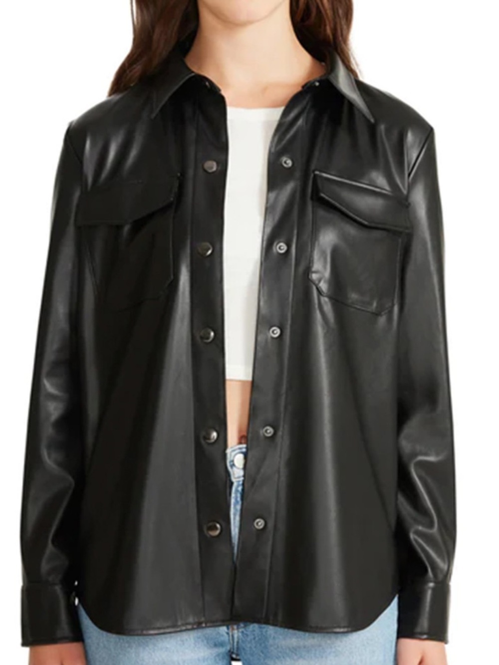 BB Dakota By Steve Madden Black Faux Leather Shirt Jacket - Women's Button-Up
